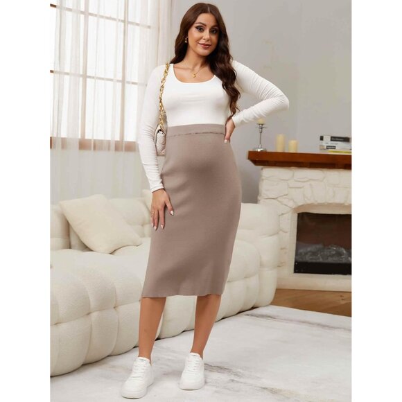 Women's Maternity Sweater Midi Skirt Side Split Stretchy High Waist Bodycon - Picture 5 of 7